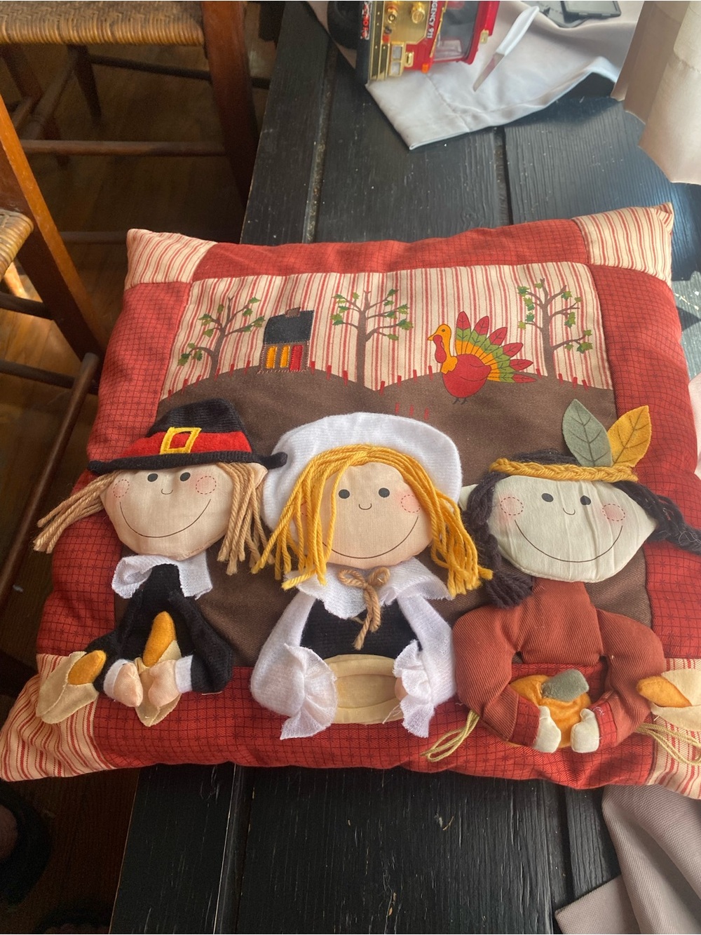 Festive Pilgrim & Friends Appliqué Throw Pillow - Red